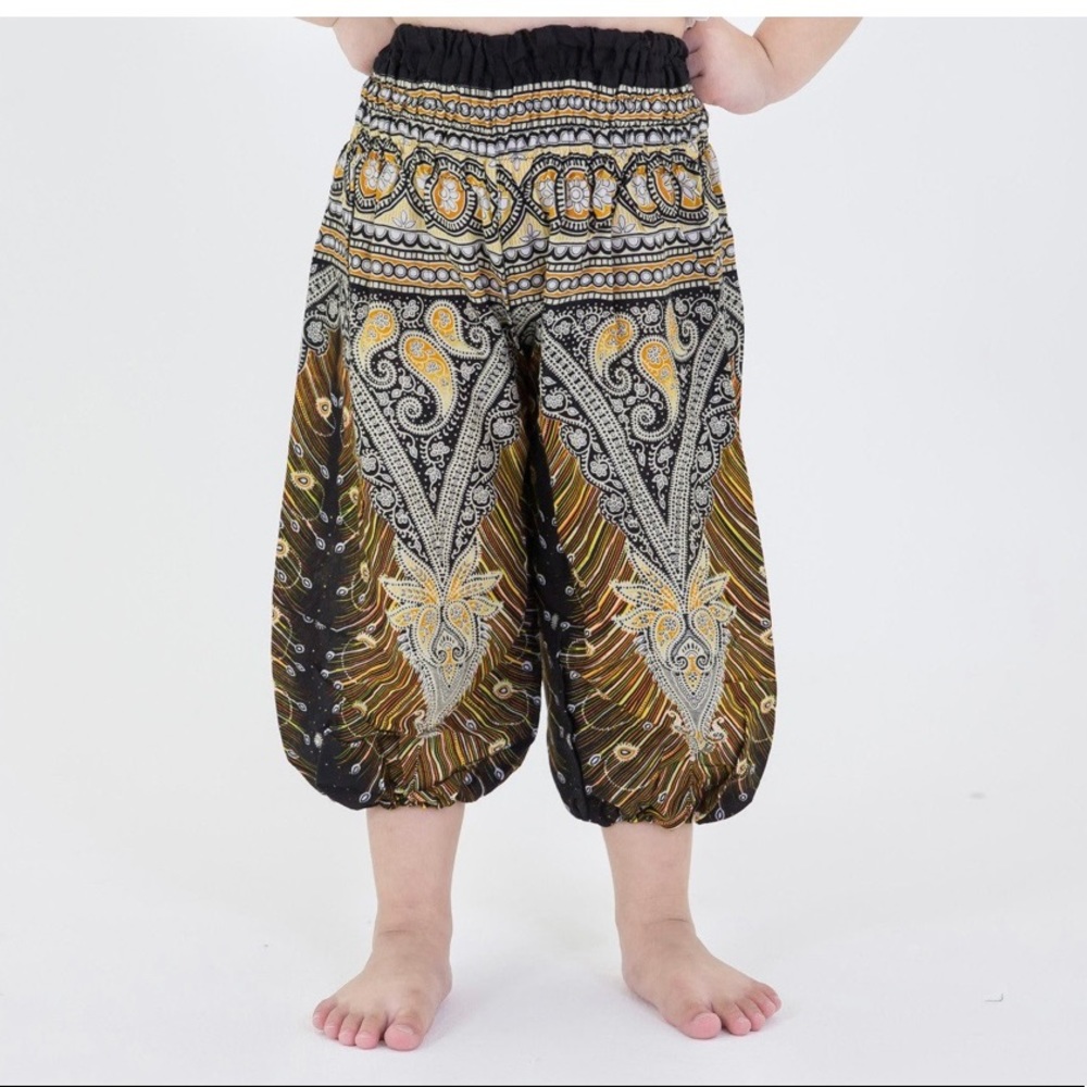 Peacock Feathers Kids Harem Pants in Black